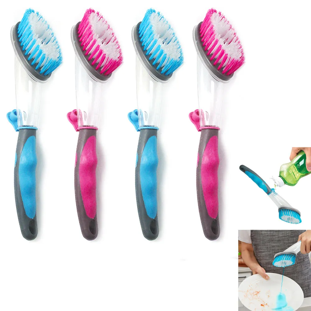 4pc Soap Dispensing Dish Bristles Brushes Sponge Head Kitchen Clean Scrub Brush