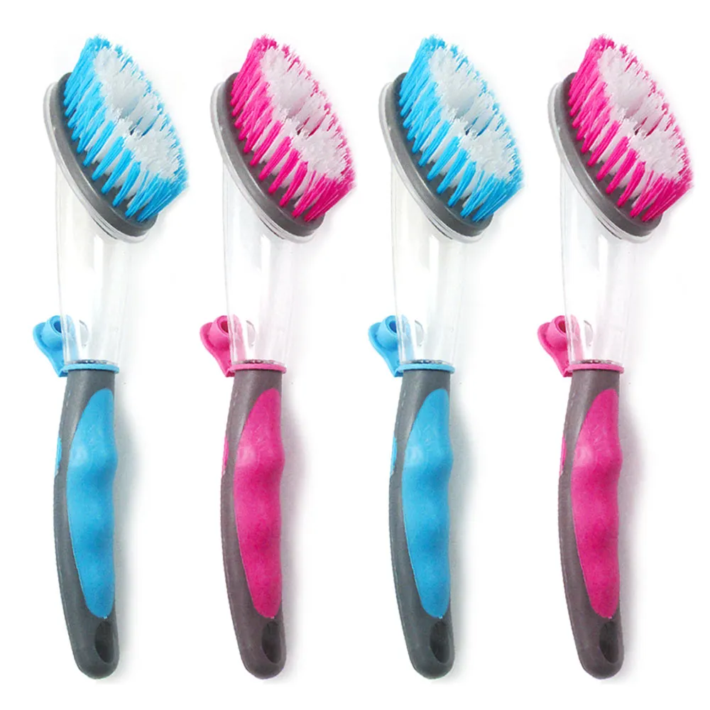 4pc Soap Dispensing Dish Bristles Brushes Sponge Head Kitchen Clean Scrub Brush
