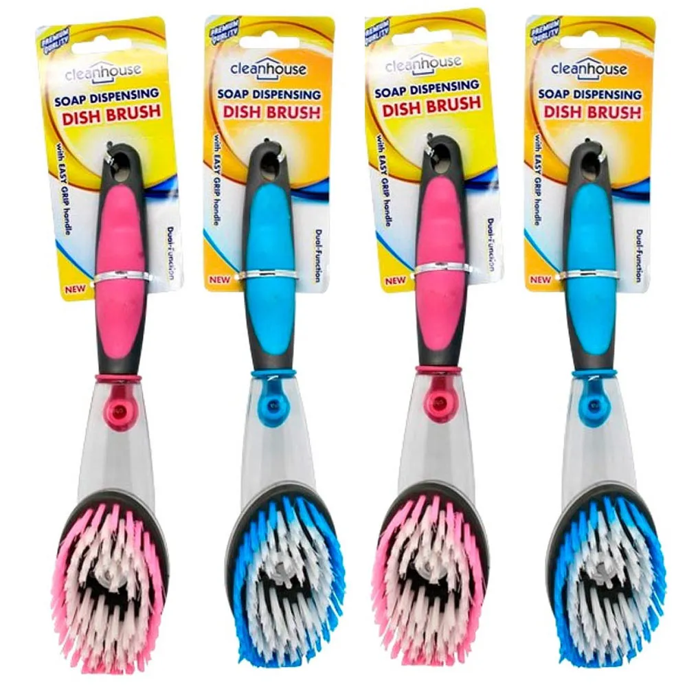 4pc Soap Dispensing Dish Bristles Brushes Sponge Head Kitchen Clean Scrub Brush