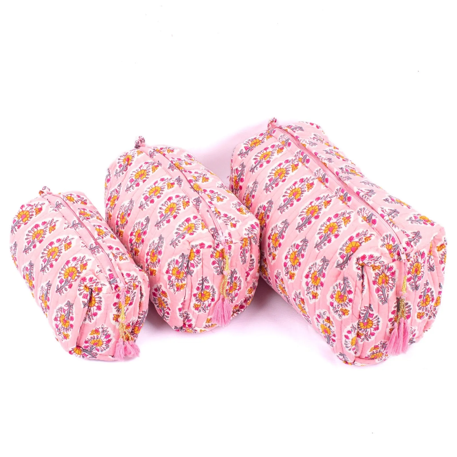 Cotton Block Print Cosmetics Bags - Pink Poppy Floral (Set of 3)