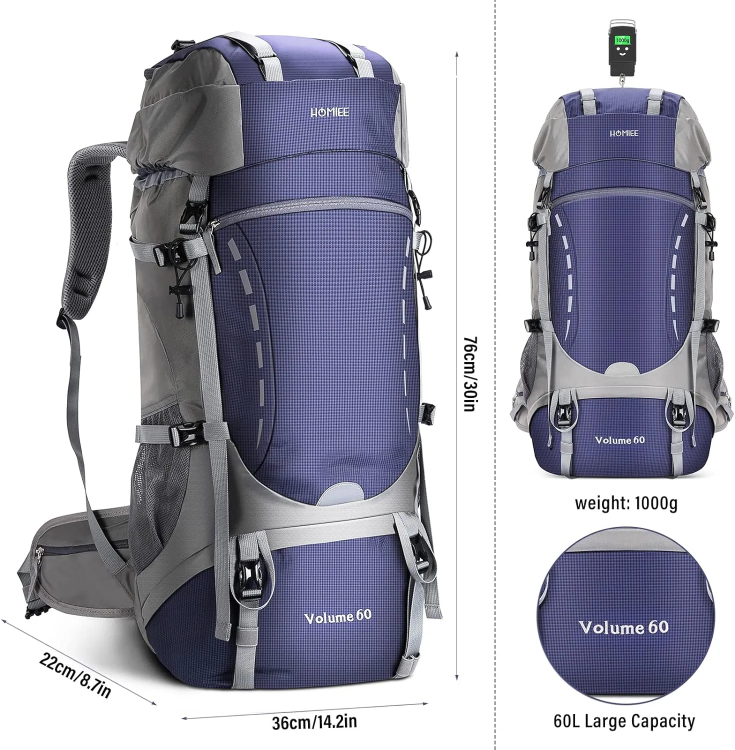 Sac  Dos Randonne 50-60L avec Housse de Pluie - Fitnessterapy